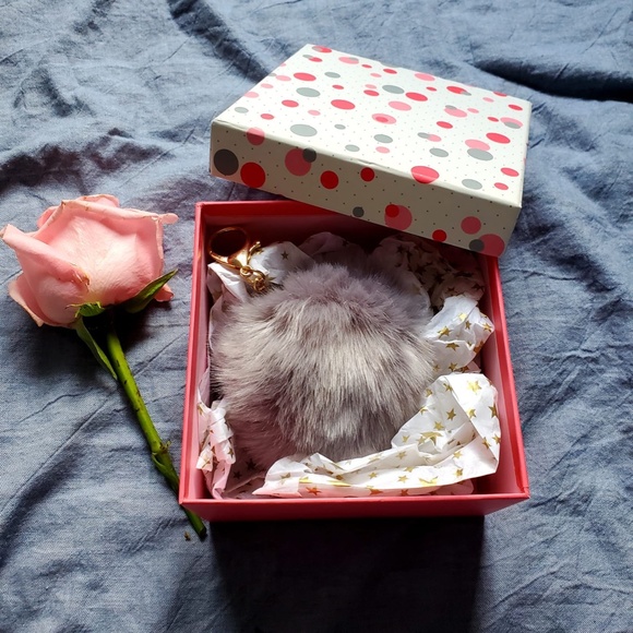 Fluffy Faux Fur Ball Keychain (Gray) in a Beautiful Gift Box - Picture 1 of 5